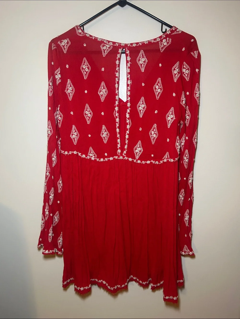 Free People Diamond Embroidered Tunic dress Bohemian Red White Small